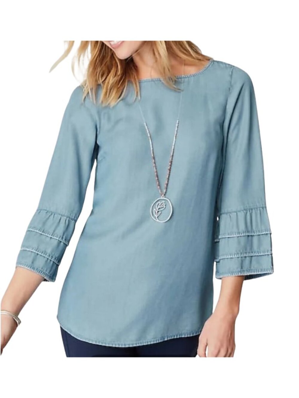 NWT J. Jill Tiered Ruffle Sleeve Chambray Blouse XL PETITE